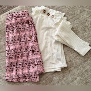 NWOT Cream Longsleeve Top and Asymmetrical Pink Plaid Skirt
